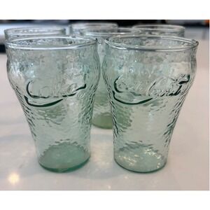 Vintage Coca-Cola 4in Set of 6 Drinking Glasses Green Pebbled Indiana Glass USA